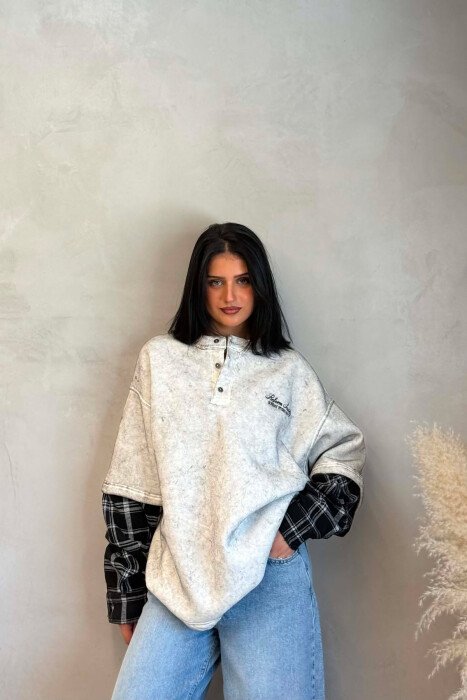 BUTTONED ROUND NECK FLUFFY WOMAN SWEATSHIRT LIGHT GREY/GZ - KLAUDIO FASHION