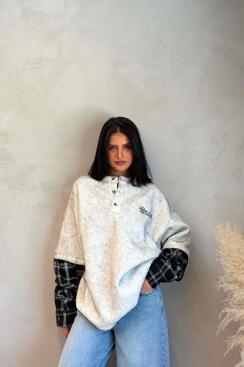 BUTTONED ROUND NECK FLUFFY WOMAN SWEATSHIRT LIGHT GREY/GZ - 1