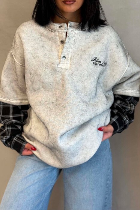 BUTTONED ROUND NECK FLUFFY WOMAN SWEATSHIRT LIGHT GREY/GZ - 2