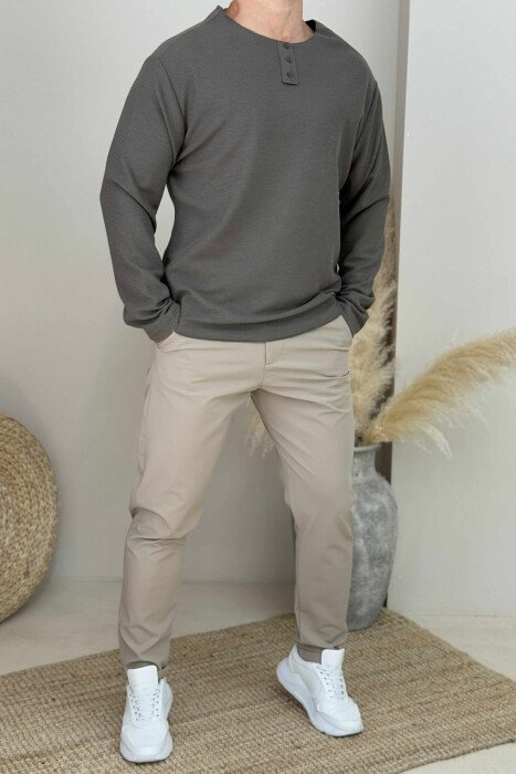 BUTTONED ROUND NECK SIMPLE MEN SWEATER DARK BROWN/KAE - 1