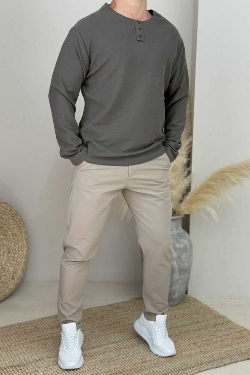 BUTTONED ROUND NECK SIMPLE MEN SWEATER DARK BROWN/KAE - 1