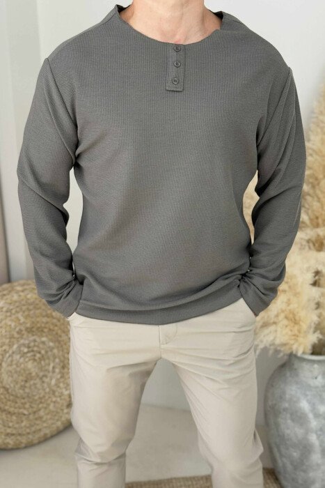 BUTTONED ROUND NECK SIMPLE MEN SWEATER DARK BROWN/KAE - 3