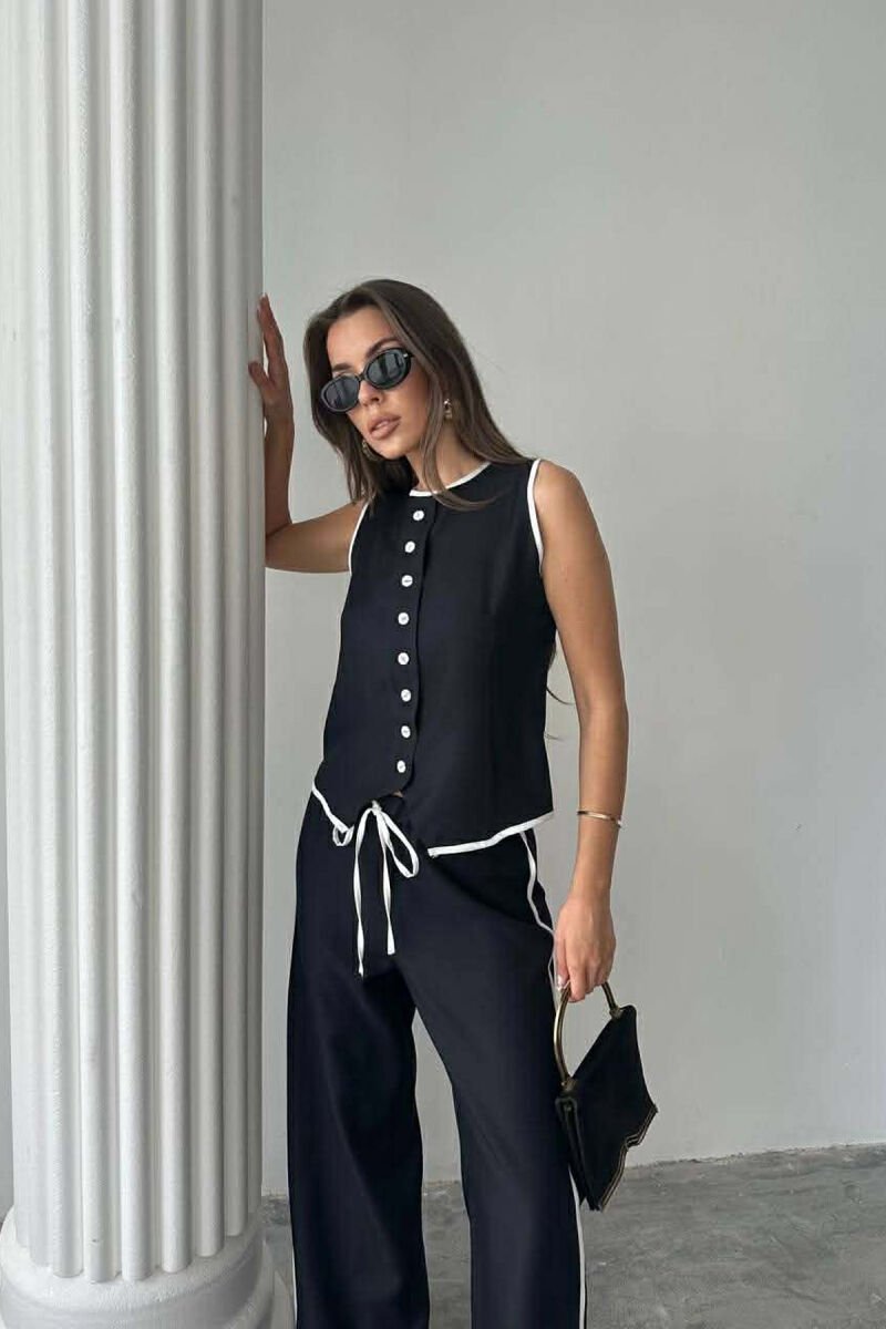 BUTTONED ROUND NECK VEST + TROUSERS WOMAN TWO PIECE SET BLACK/ E ZEZE - 2