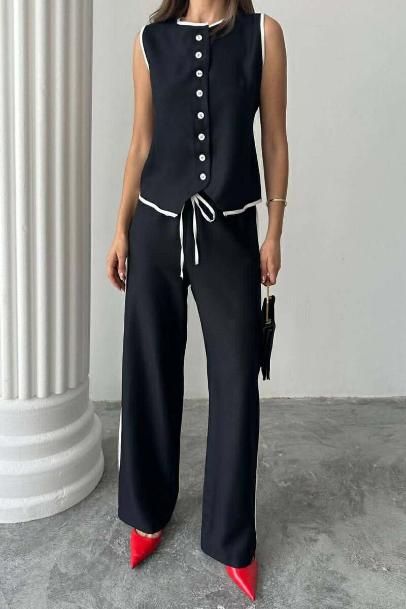 BUTTONED ROUND NECK VEST + TROUSERS WOMAN TWO PIECE SET BLACK/ E ZEZE - 4