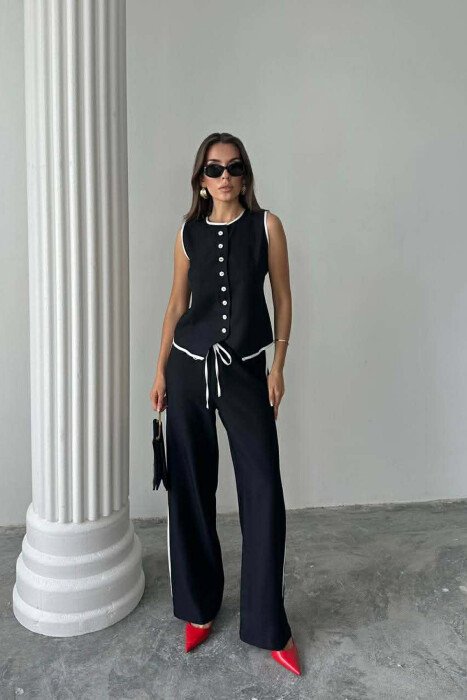 BUTTONED ROUND NECK VEST + TROUSERS WOMAN TWO PIECE SET BLACK/ E ZEZE - KLAUDIO FASHION