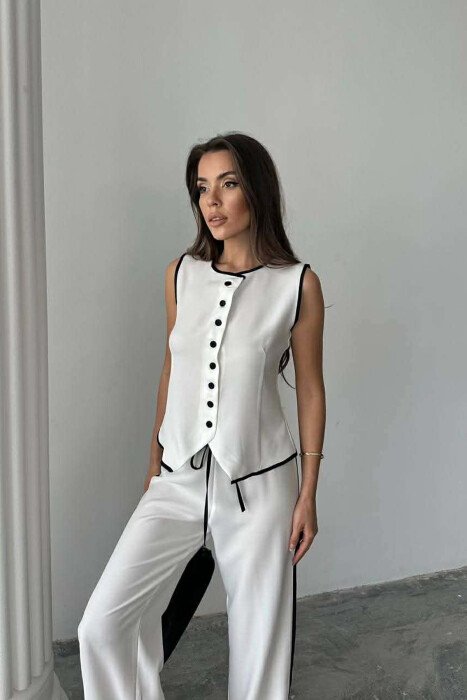 BUTTONED ROUND NECK VEST + TROUSERS WOMAN TWO PIECE SET WHITE-E BARDHE - 4