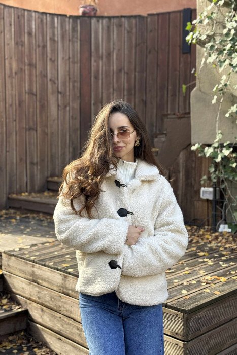 BUTTONED SHEEPSKIN WOMEN JACKET CREAM/KREM - 6