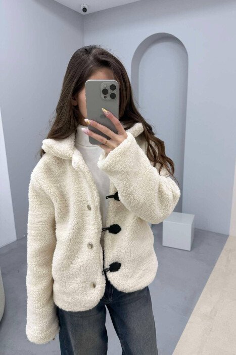 BUTTONED SHEEPSKIN WOMEN JACKET CREAM/KREM - 7