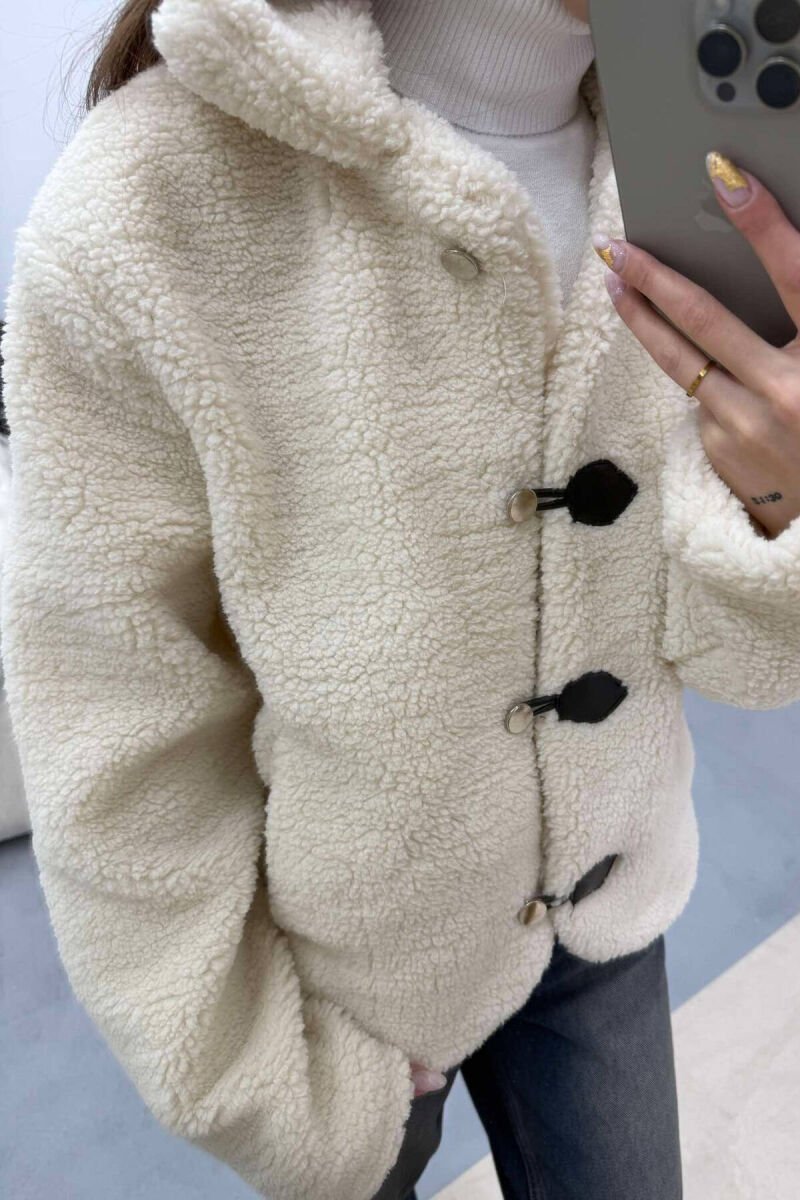BUTTONED SHEEPSKIN WOMEN JACKET CREAM/KREM - 10