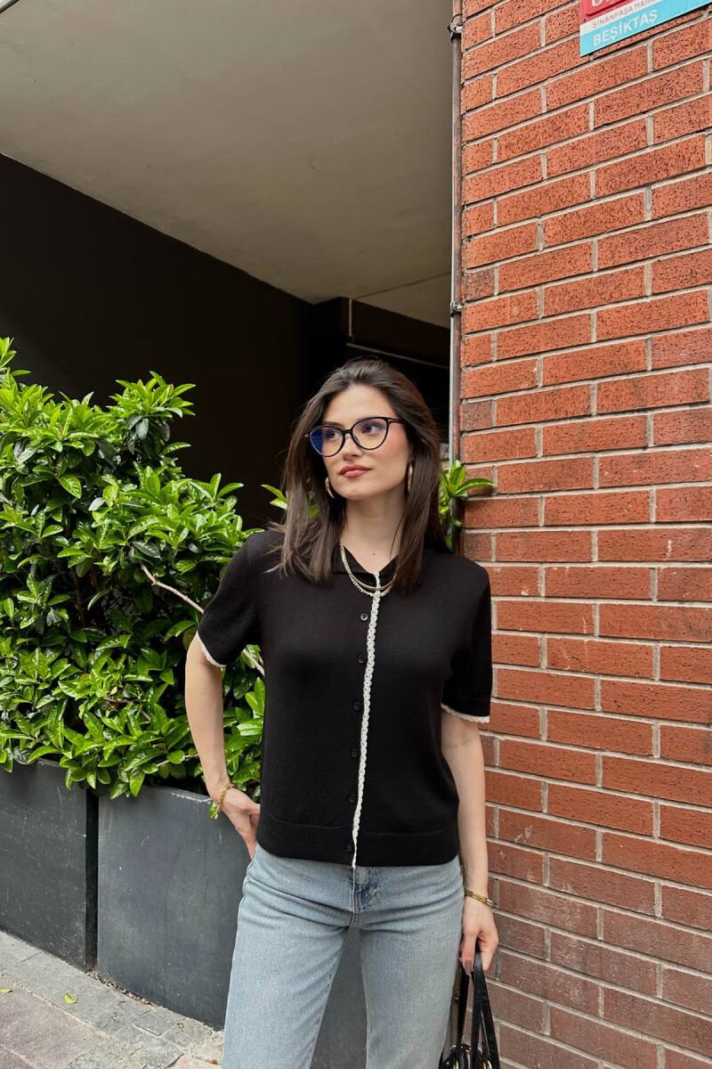 BUTTONED SHORT SLEEVE POLO NECK WOMEN SWEATER BLACK/ E ZEZE - 1
