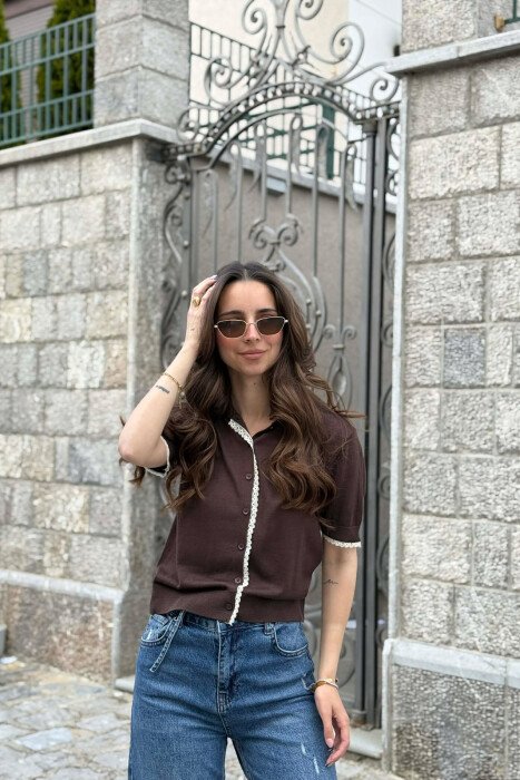 BUTTONED SHORT SLEEVE POLO NECK WOMEN SWEATER BROWN/KAFE 