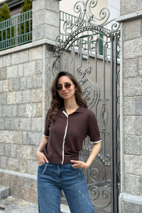 BUTTONED SHORT SLEEVE POLO NECK WOMEN SWEATER BROWN/KAFE - 2