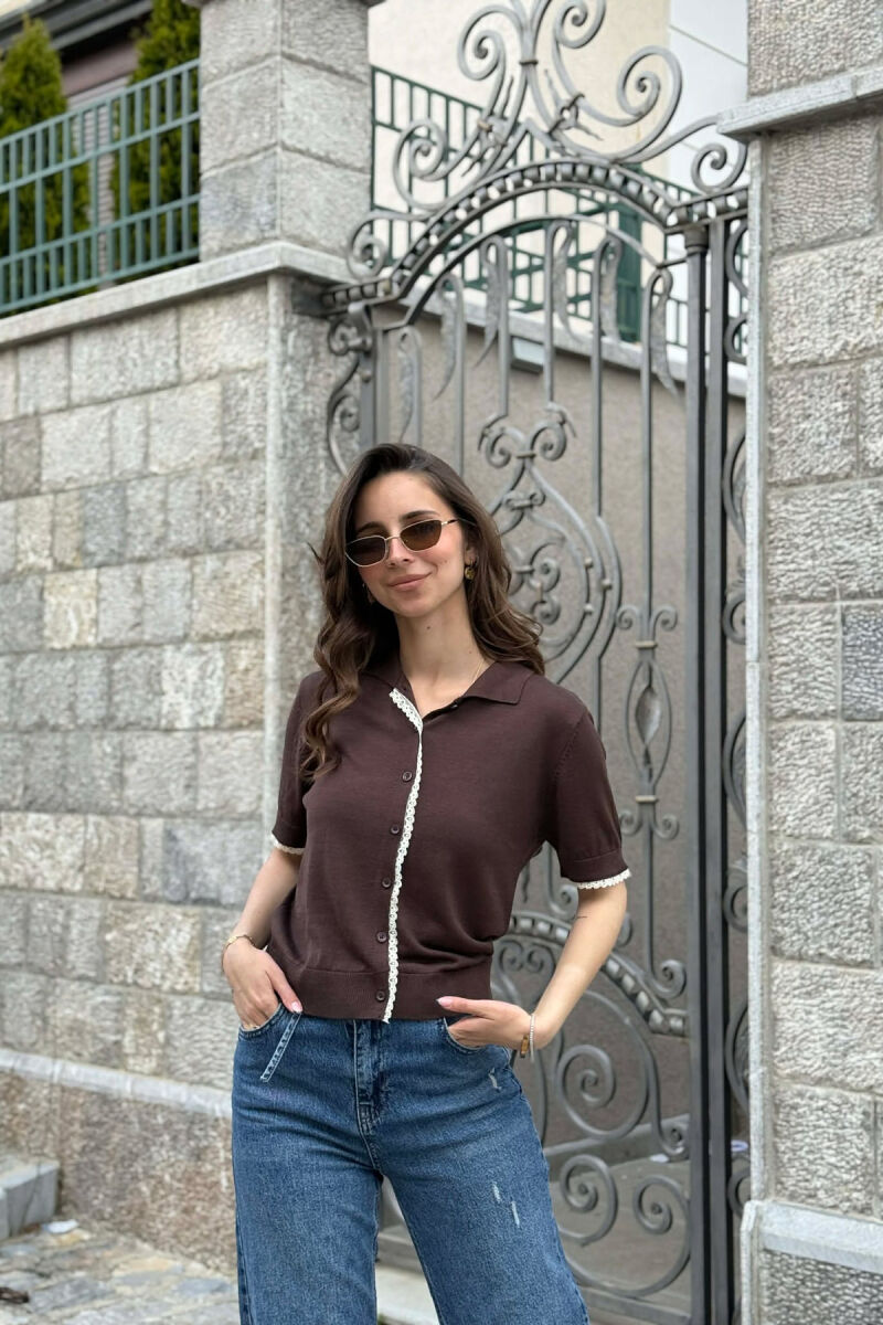 BUTTONED SHORT SLEEVE POLO NECK WOMEN SWEATER BROWN/KAFE - 2