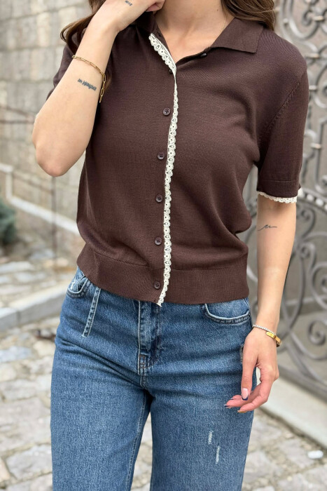 BUTTONED SHORT SLEEVE POLO NECK WOMEN SWEATER BROWN/KAFE - 3