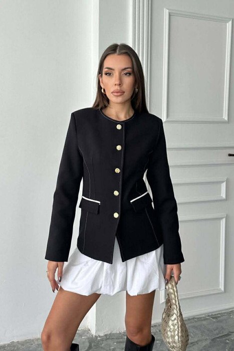BUTTONED SHOULDER PADS WOMEN JACKET BLACK/ E ZEZE - KLAUDIO FASHION