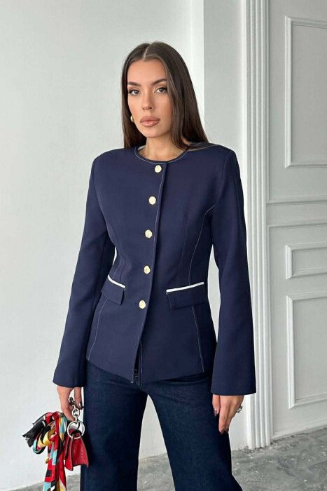BUTTONED SHOULDER PADS WOMEN JACKET BLUE/BLU - KLAUDIO FASHION