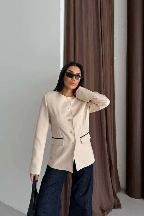 BUTTONED SHOULDER PADS WOMEN JACKET CREAM/KREM - KLAUDIO FASHION