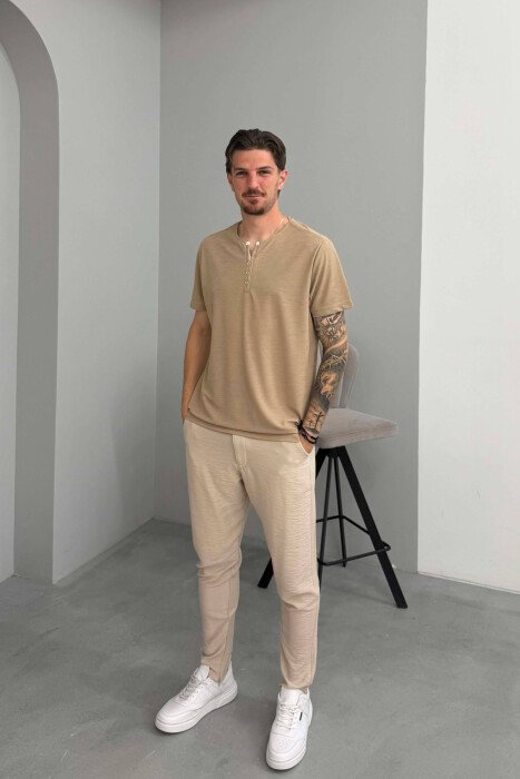 BUTTONED SIMPLE MEN T-SHIRT BEIGE/BEZHE - 3