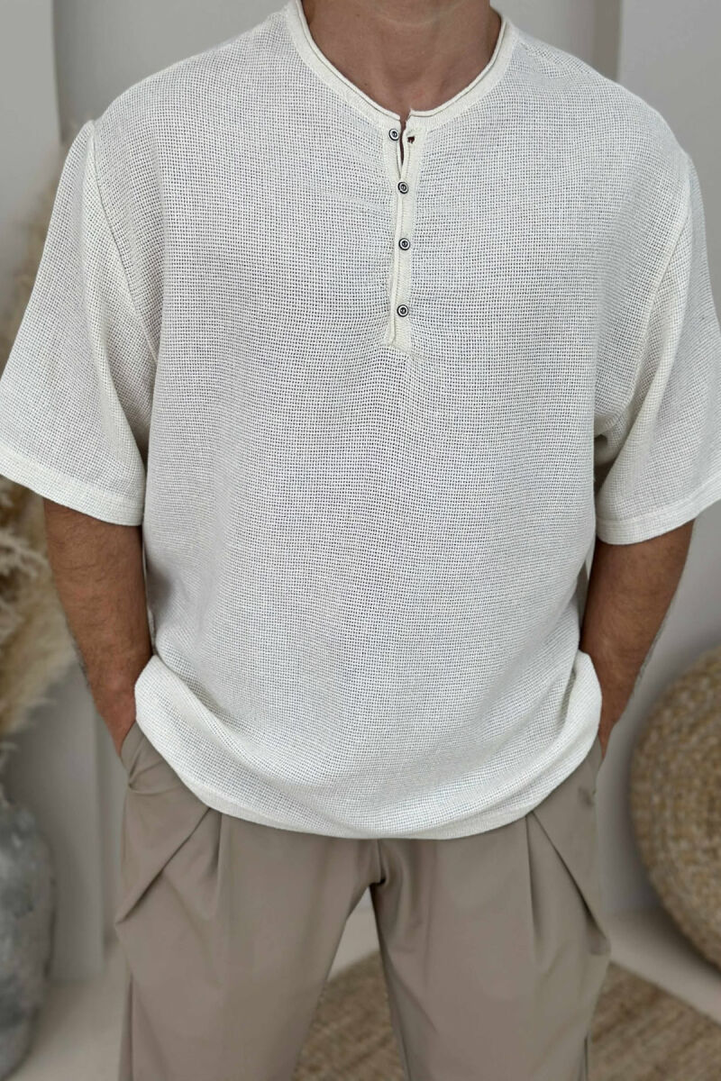 BUTTONED SIMPLE MEN T-SHIRT CREAM/KREM - 2
