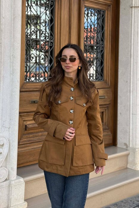 BUTTONED SIMPLE WOMEN JACKET LIGHT BROWN/KAZB - KLAUDIO FASHION