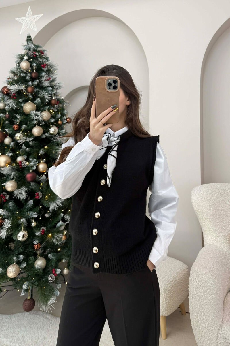 BUTTONED SLEEVELESS ONE COLOR WOMEN VEST BLACK/ E ZEZE - 3