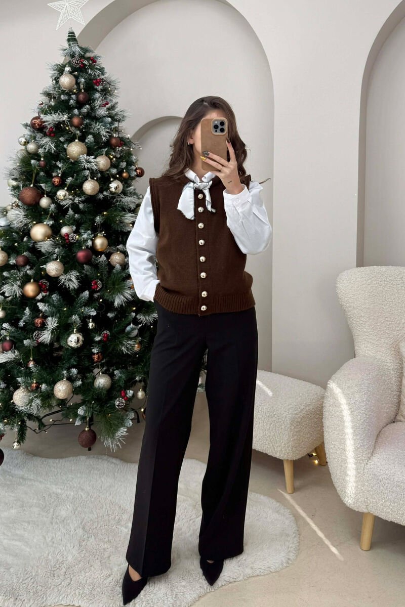 BUTTONED SLEEVELESS ONE COLOR WOMEN VEST BROWN/KAFE - 2