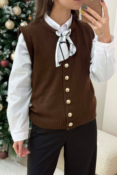 BUTTONED SLEEVELESS ONE COLOR WOMEN VEST BROWN/KAFE - 1