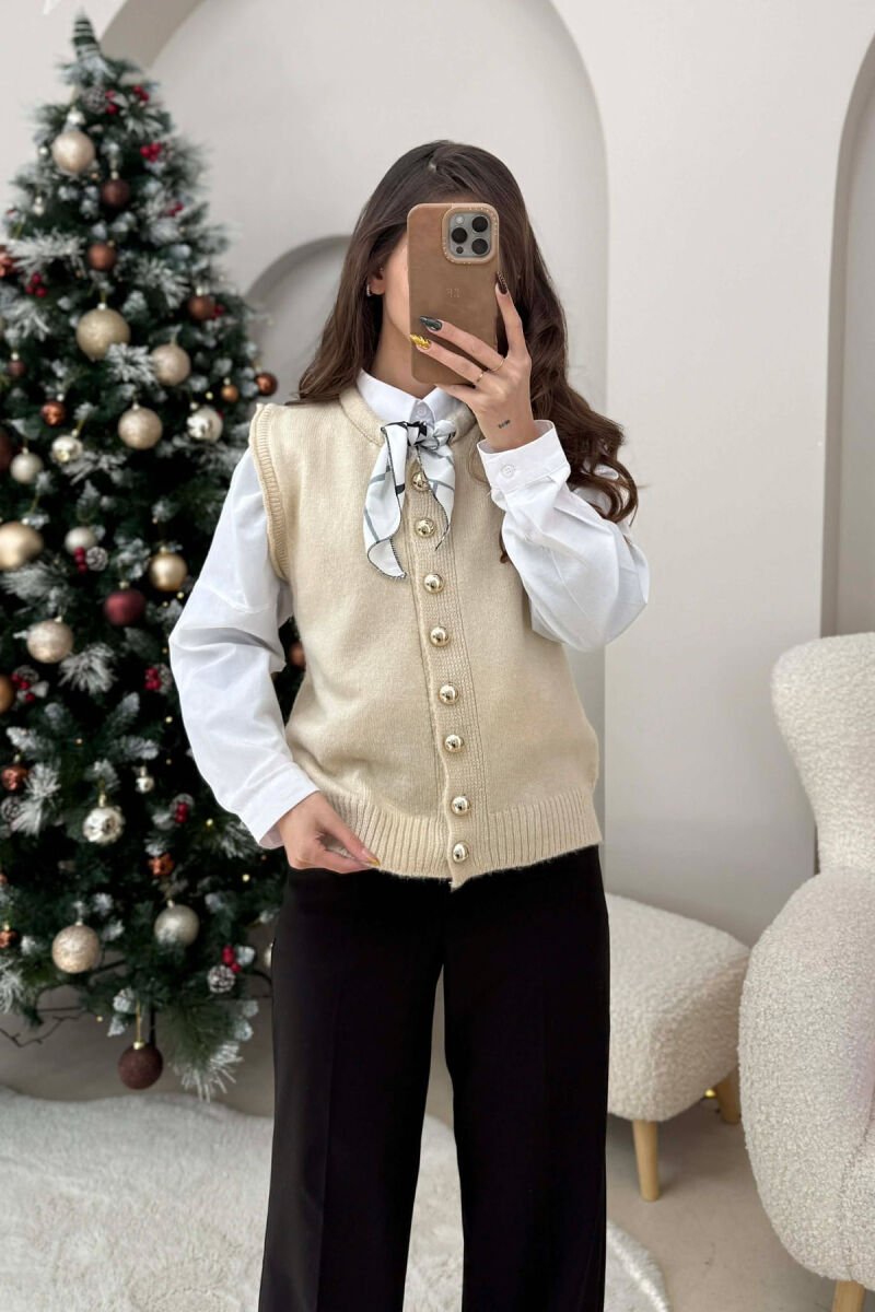 BUTTONED SLEEVELESS ONE COLOR WOMEN VEST CREAM/KREM - 3
