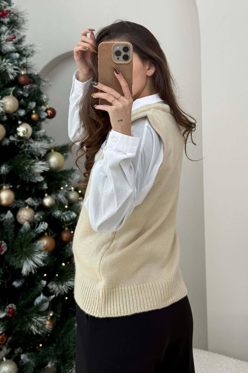 BUTTONED SLEEVELESS ONE COLOR WOMEN VEST CREAM/KREM - 4
