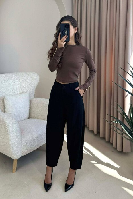 BUTTONED SLEEVES ROUND NECK WOMEN SWEATSHIRT BROWN/KAFE - KLAUDIO FASHION