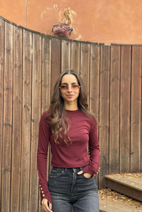 BUTTONED SLEEVES ROUND NECK WOMEN SWEATSHIRT BURGUNDY/VISHNJE - KLAUDIO FASHION