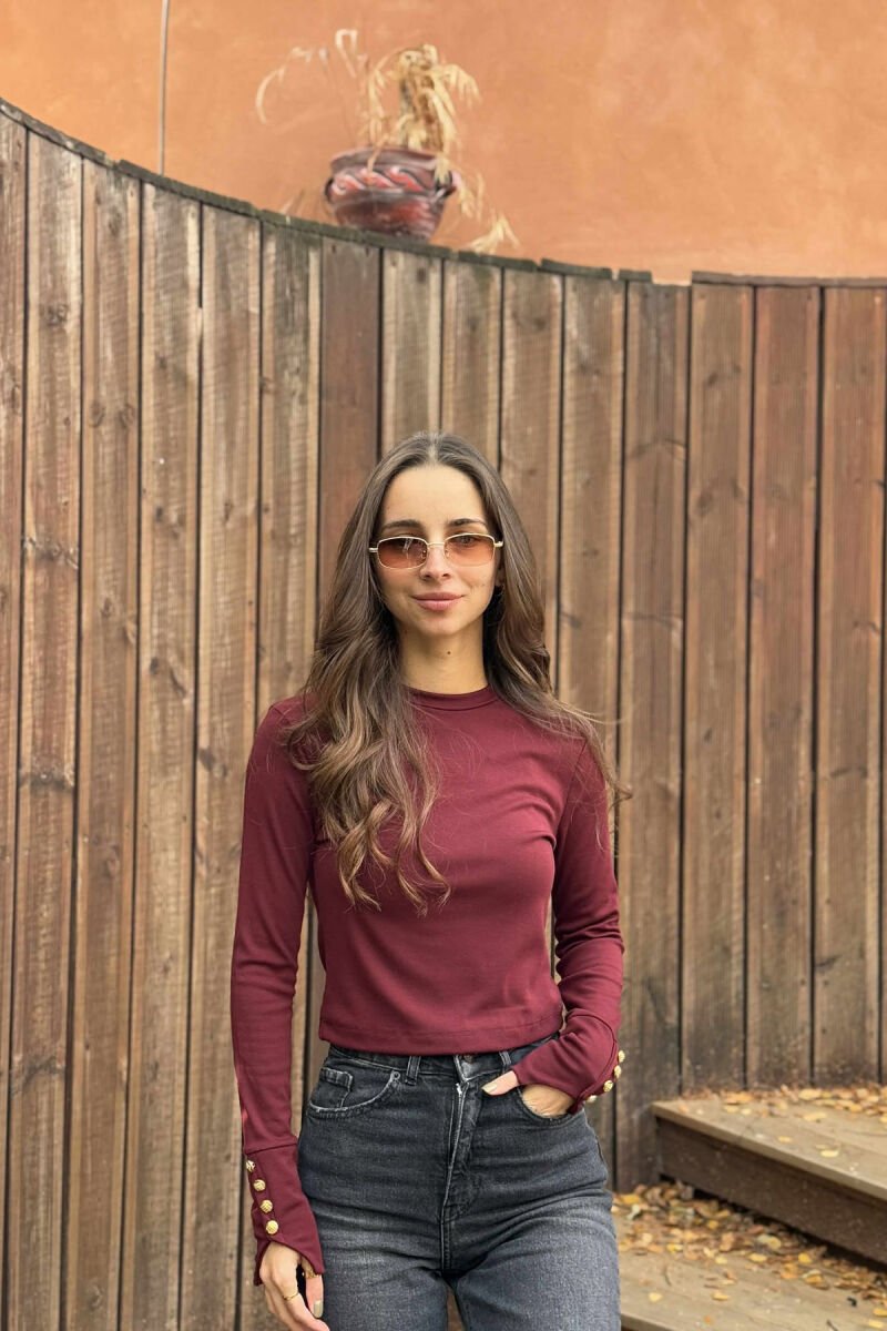 BUTTONED SLEEVES ROUND NECK WOMEN SWEATSHIRT BURGUNDY/VISHNJE - 1