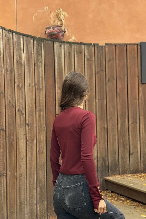 BUTTONED SLEEVES ROUND NECK WOMEN SWEATSHIRT BURGUNDY/VISHNJE - 4
