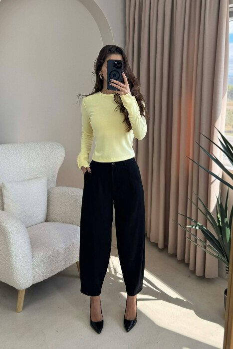 BUTTONED SLEEVES ROUND NECK WOMEN SWEATSHIRT YELLOW/E VERDHE - KLAUDIO FASHION