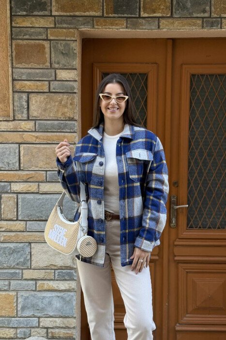 BUTTONED SQUARE DESIGN WOMEN JACKET BLUE/BLU - KLAUDIO FASHION