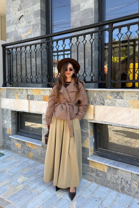 BUTTONED SQUARE DESIGN WOMEN JACKET LIGHT BROWN/KAZB - KLAUDIO FASHION