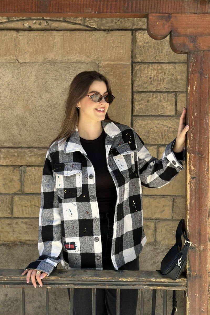 BUTTONED SQUARE PAINTED DESIGN WOMEN JACKET WHITE-BLACK/BAZE - 6