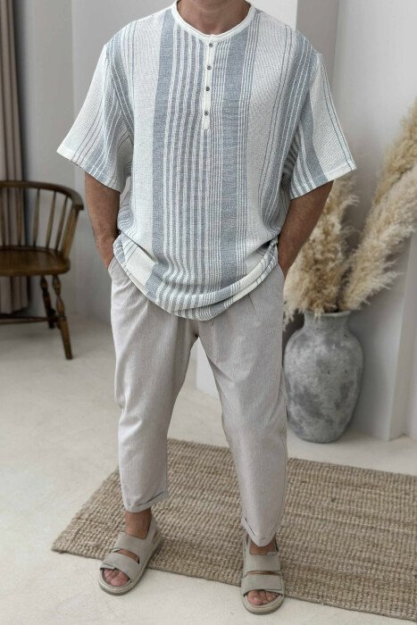 BUTTONED STRIPES MEN T-SHIRT LIGHT GREY/GZ - KLAUDIO FASHION