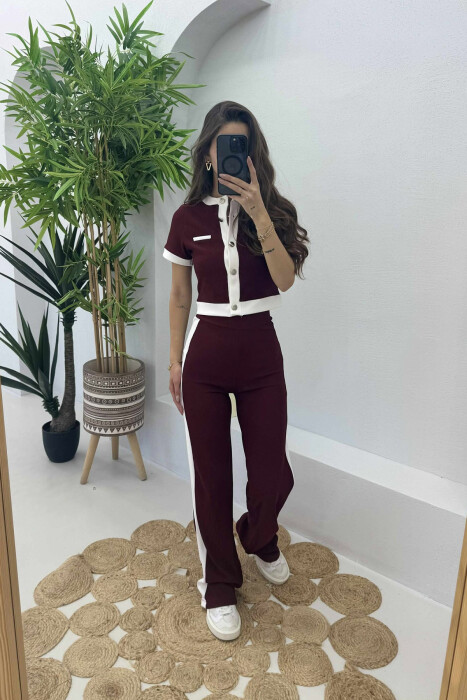 BUTTONED T-SHIRT+TROUSERS STRIPED WOMEN SET BURGUNDY/VISHNJE - KLAUDIO FASHION
