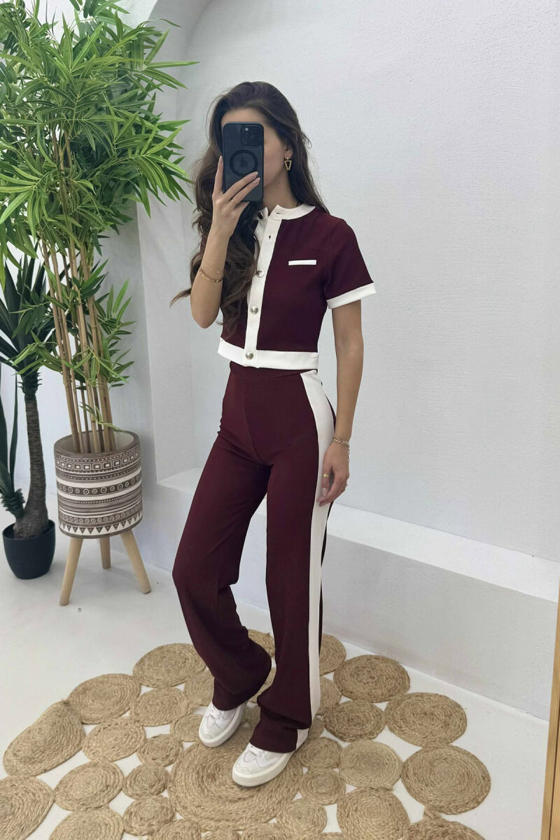 BUTTONED T-SHIRT+TROUSERS STRIPED WOMEN SET BURGUNDY/VISHNJE - 5