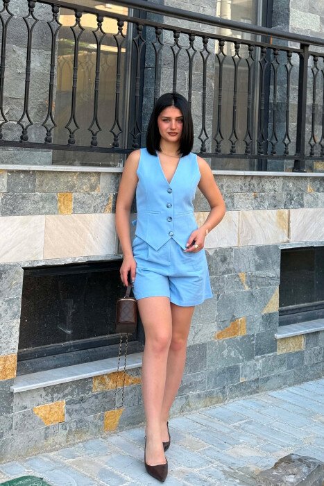 BUTTONED VEST + SHORTS WOMAN SET BABY BLUE/BLU BY - 1