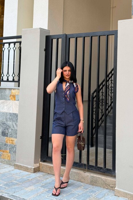 BUTTONED VEST + SHORTS WOMAN SET BLUE/BLU 