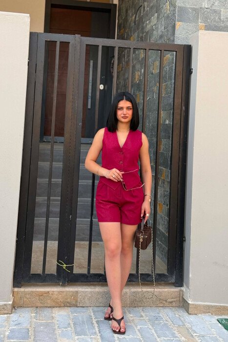 BUTTONED VEST + SHORTS WOMAN SET DARK BURGUNDY/VISHNJE E ERRET - 4