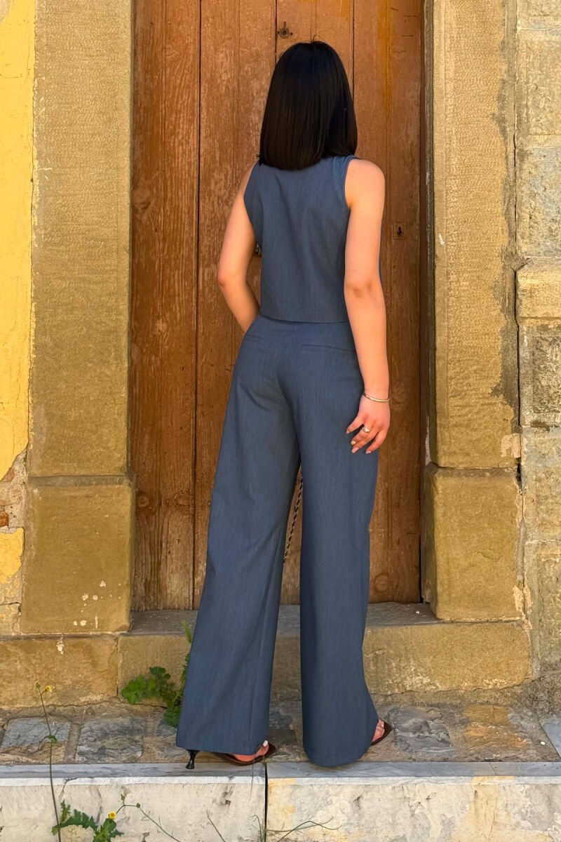 BUTTONED VEST +WIDE LEG TROUSERS WOMAN TWO PIECE SET BLUE/BLU - 2