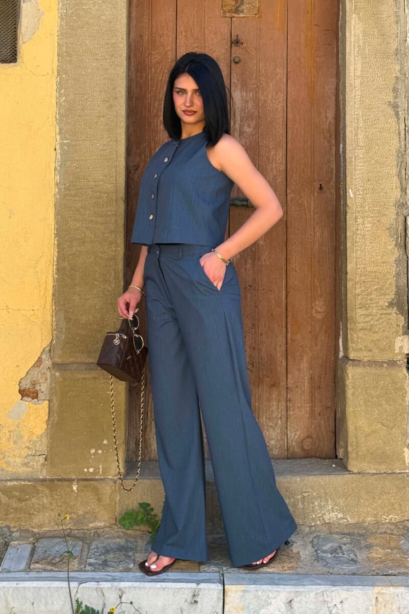BUTTONED VEST +WIDE LEG TROUSERS WOMAN TWO PIECE SET BLUE/BLU - 3