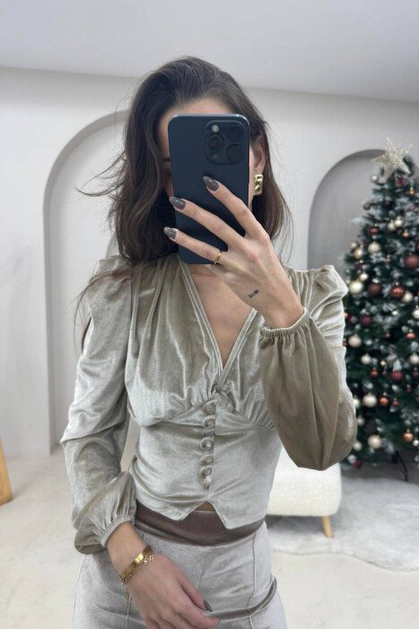 BUTTONED WOMEN VELVET TOP BEIGE/BEZHE - KLAUDIO FASHION