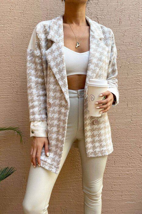 BUTTONS AND DIFFERENT PATTERN WOMAN JACKET WHITE-BROWN/BAKA 