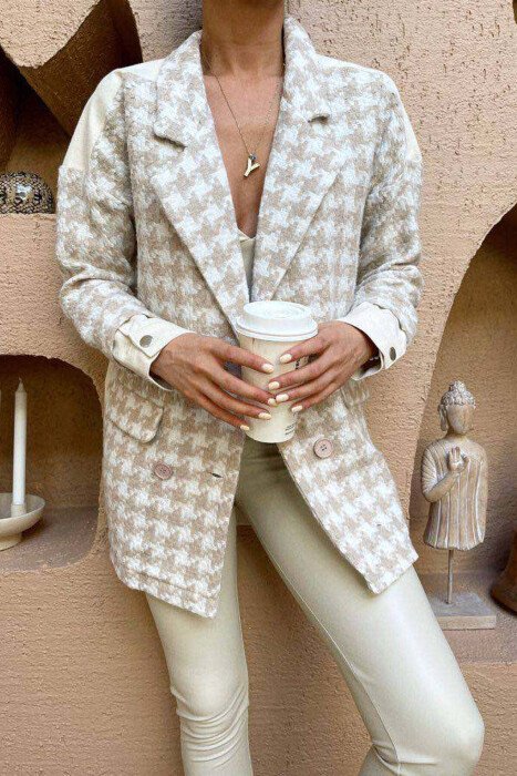 BUTTONS AND DIFFERENT PATTERN WOMAN JACKET WHITE-BROWN/BAKA - 2