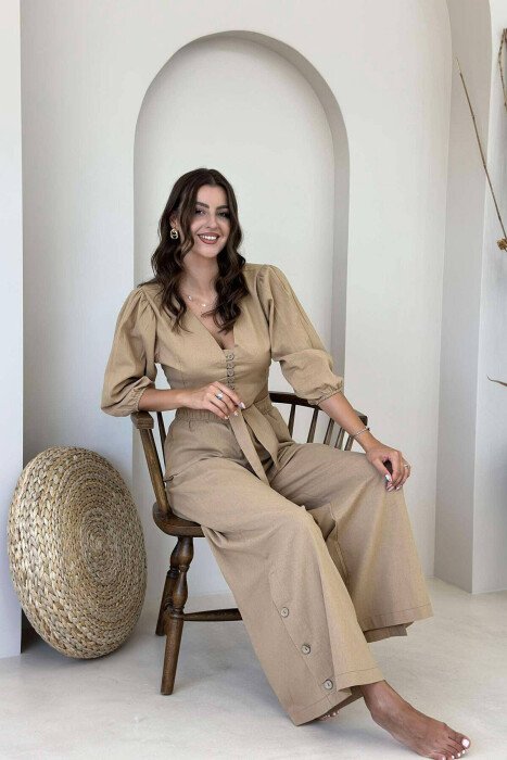 BUTTONS CROP AND PANTS WOMAN SET BEIGE/BEZHE - 1