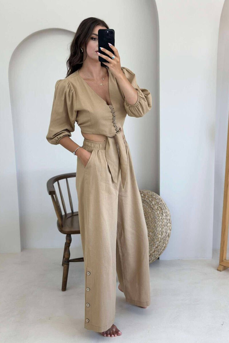 BUTTONS CROP AND PANTS WOMAN SET BEIGE/BEZHE - 3